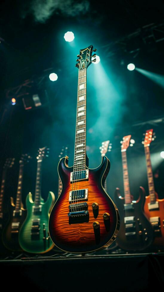 In the stage's electric atmosphere, guitars rest, ready for the pre show spotlight. Vertical Mobile Wallpaper AI Generated photo