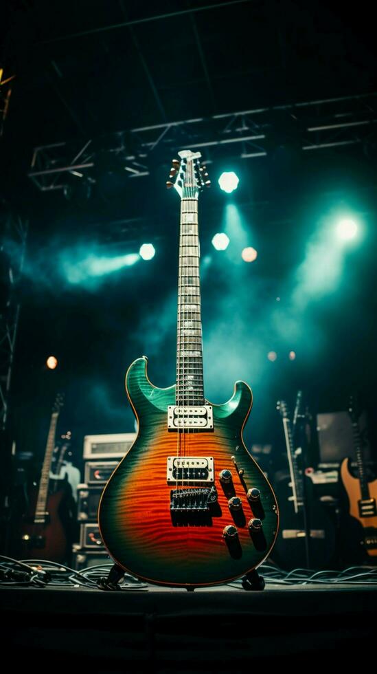 In the stage's electric atmosphere, guitars rest, ready for the pre show spotlight. Vertical Mobile Wallpaper AI Generated photo