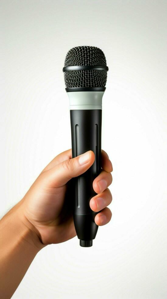 Isolated on white, a hand confidently holds a wireless microphone. Vertical Mobile Wallpaper AI Generated photo