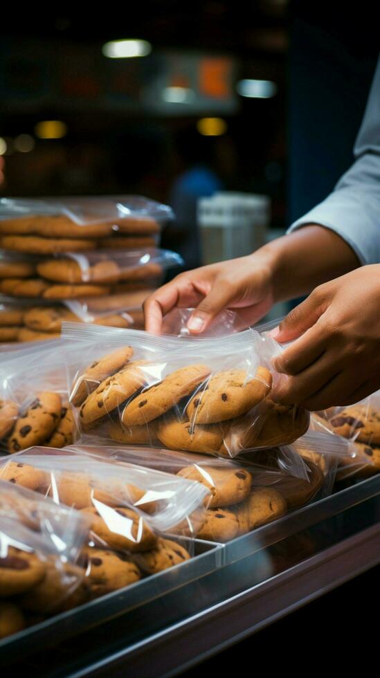 mans cerca arriba acción asegurando galletas dentro un el plastico bolso durante tienda de comestibles compras vertical móvil fondo de pantalla ai generado foto