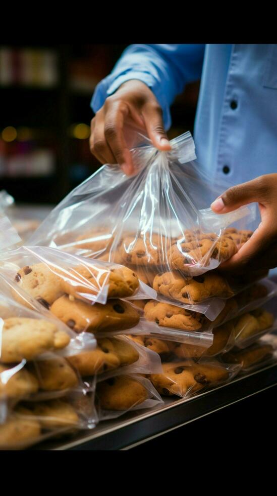 mans cerca arriba acción asegurando galletas dentro un el plastico bolso durante tienda de comestibles compras vertical móvil fondo de pantalla ai generado foto