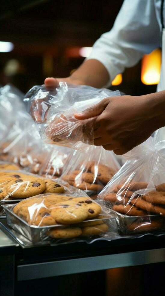 mans cerca arriba acción asegurando galletas dentro un el plastico bolso durante tienda de comestibles compras vertical móvil fondo de pantalla ai generado foto