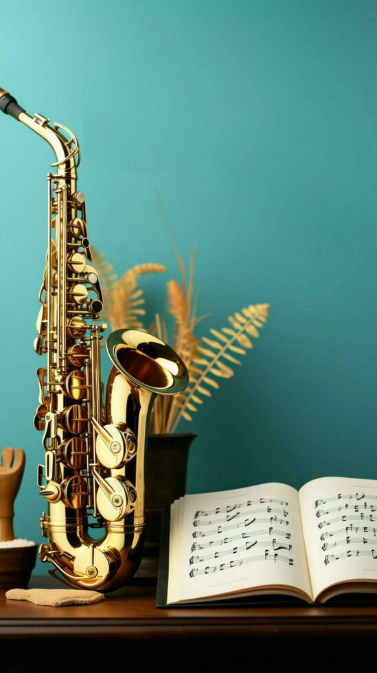 Musical harmony Golden saxophones and a notebook on a captivating blue background. Vertical Mobile Wallpaper AI Generated photo