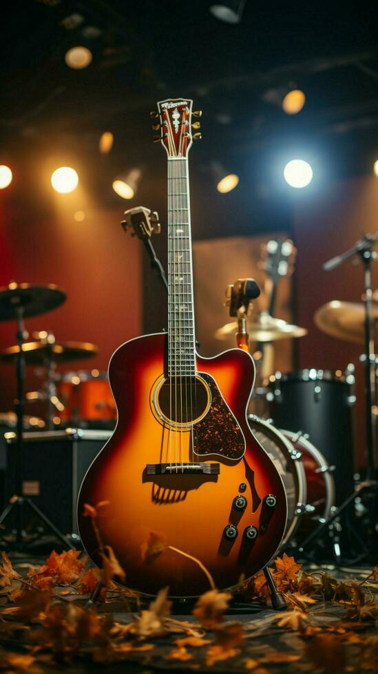 Musicians gather in the studio room, acoustic guitar sets the rehearsal tone. Vertical Mobile Wallpaper AI Generated photo