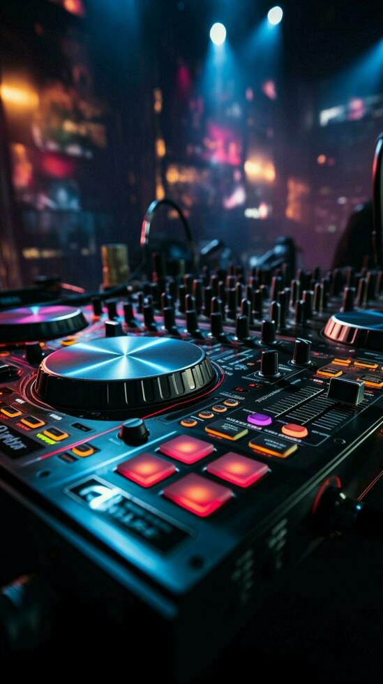 Nightclub vibes DJ mixer table electrifies the background with pulsating beats. Vertical Mobile Wallpaper AI Generated photo