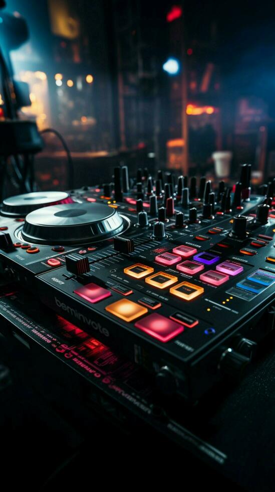 Nightclub vibes DJ mixer table electrifies the background with pulsating beats. Vertical Mobile Wallpaper AI Generated photo