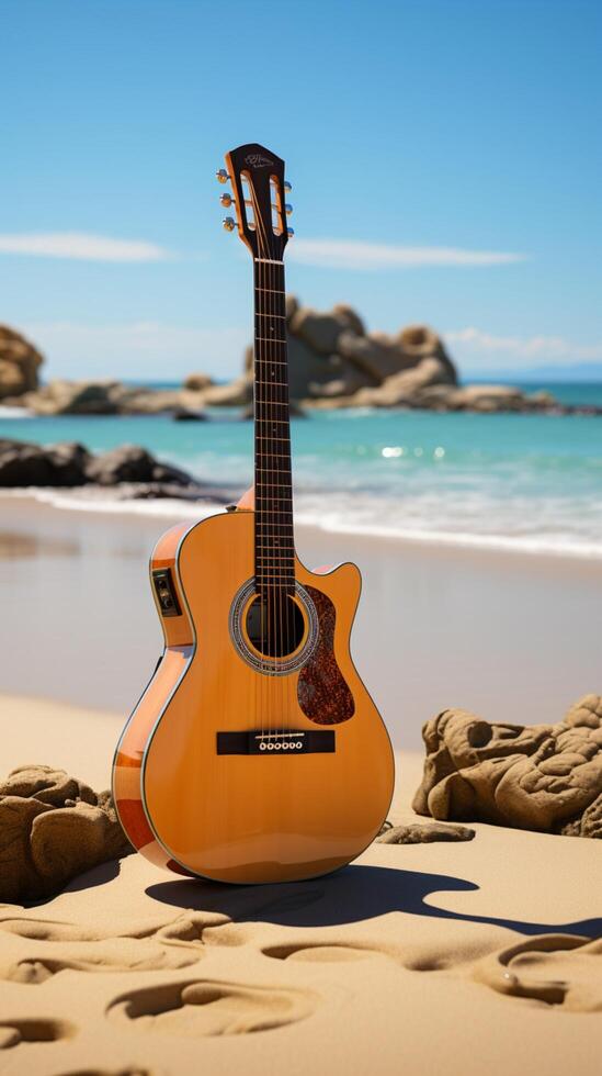 On the sandy shores, an upright acoustic guitar awaits a beachside