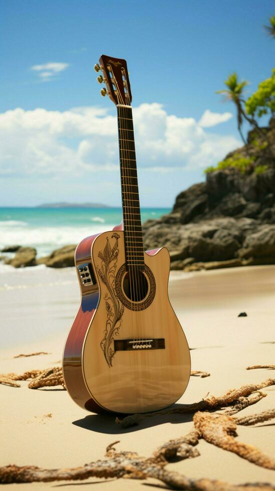 On the sandy shores, an upright acoustic guitar awaits a beachside