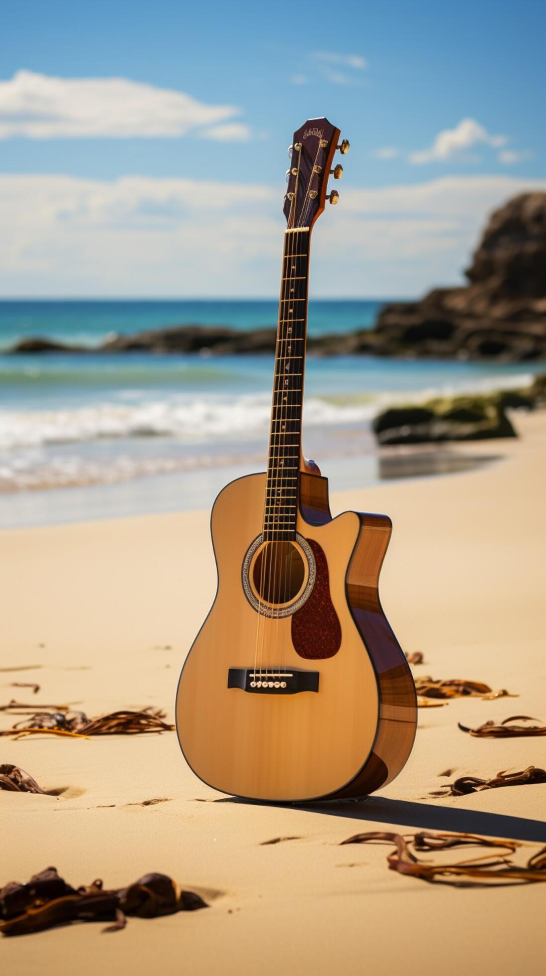 On the sandy shores, an upright acoustic guitar awaits a beachside