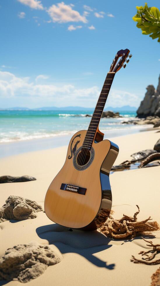 On the sandy shores, an upright acoustic guitar awaits a beachside