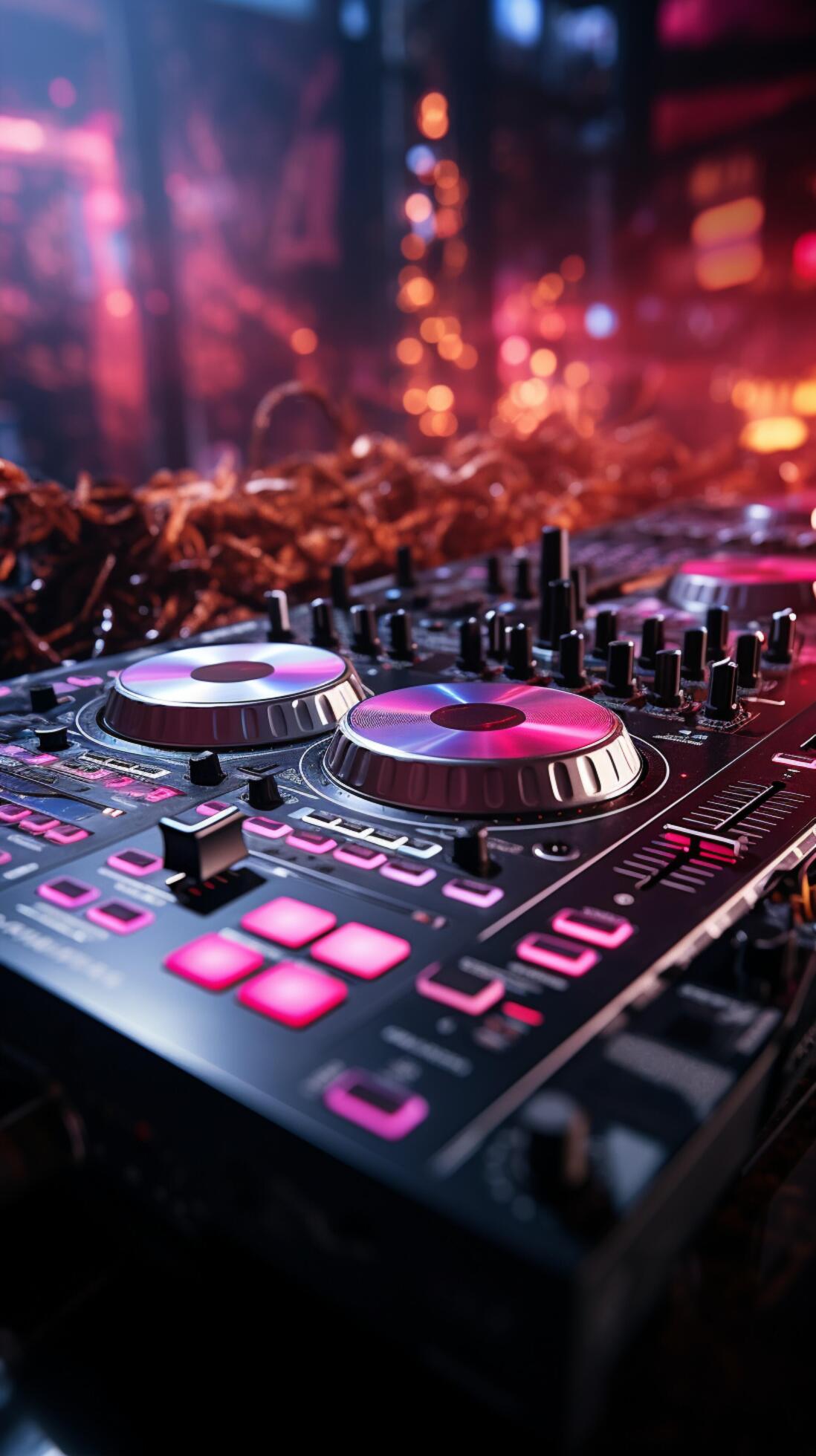 Pink DJ headphones, turntables, and a sound mixer ignite the nightclub