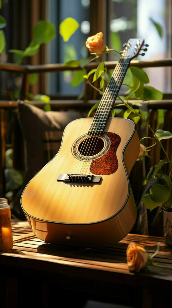 Silence fills the room, an acoustic guitar waiting for its musician's touch. Vertical Mobile Wallpaper AI Generated photo