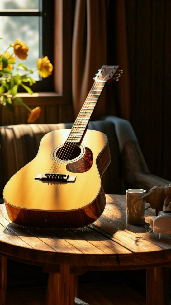 silencio llena el habitación, un acústico guitarra esperando para sus del músico tocar. vertical móvil fondo de pantalla ai generado foto