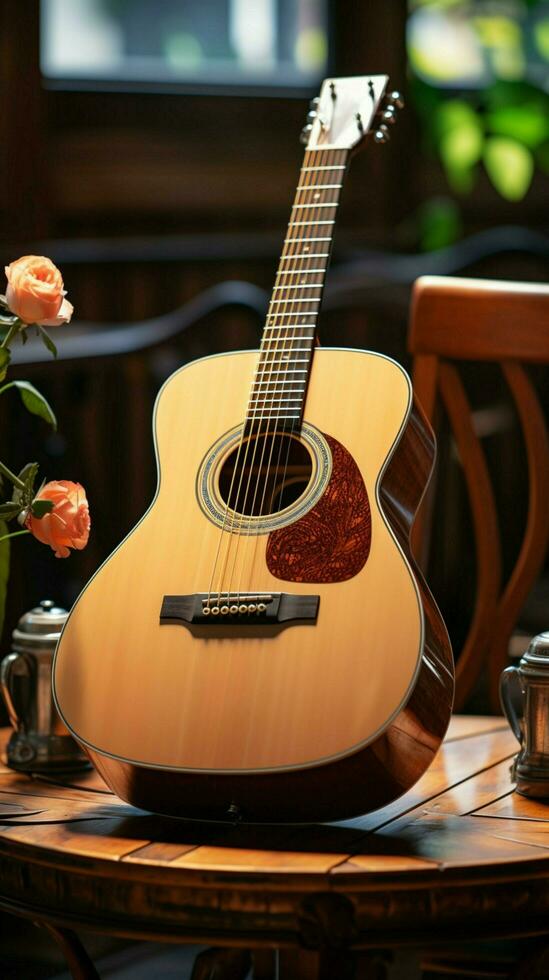 silencio llena el habitación, un acústico guitarra esperando para sus del músico tocar. vertical móvil fondo de pantalla ai generado foto
