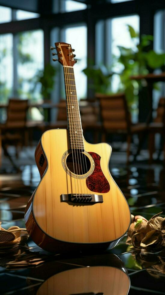 Silence fills the room, an acoustic guitar waiting for its musician's touch. Vertical Mobile Wallpaper AI Generated photo