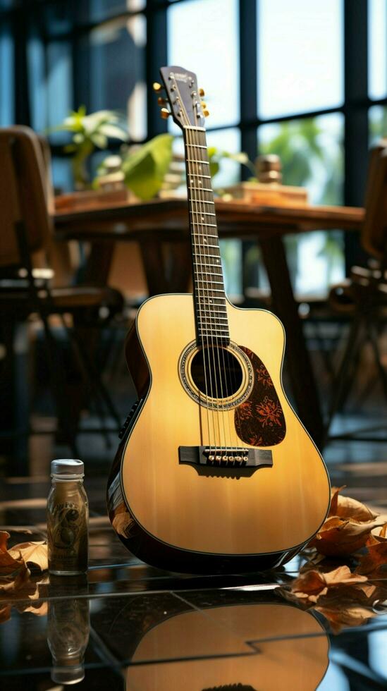 Silence fills the room, an acoustic guitar waiting for its musician's touch. Vertical Mobile Wallpaper AI Generated photo
