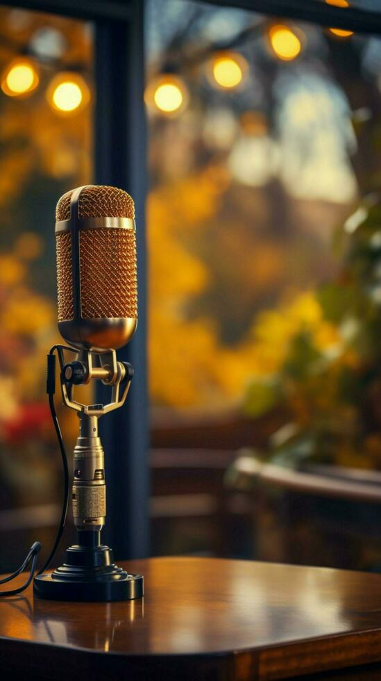 Sound recording concept A professional microphone stands amidst a softly blurred background. Vertical Mobile Wallpaper AI Generated photo