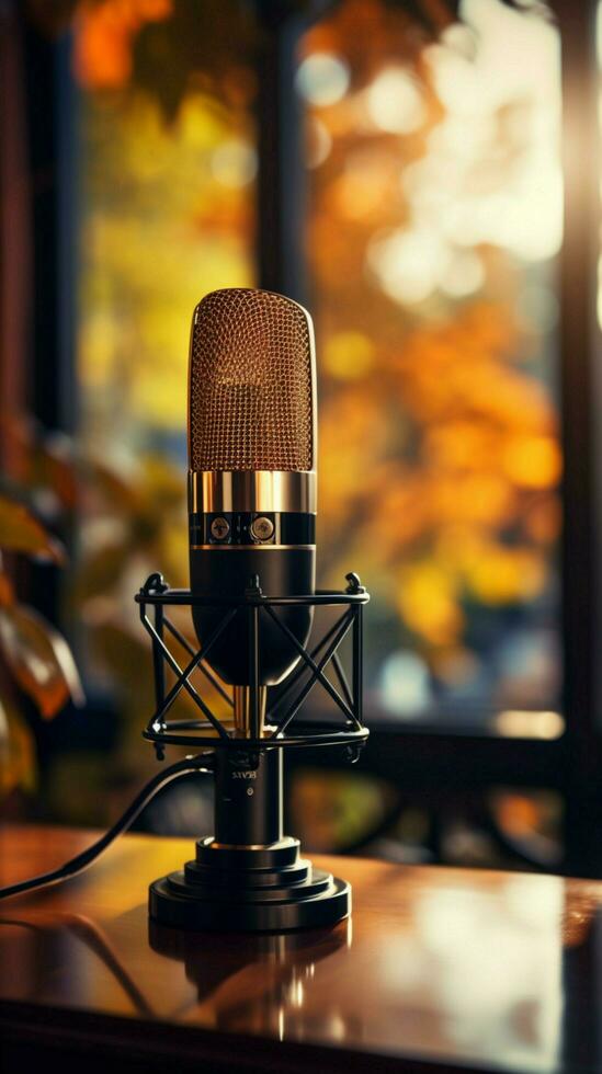 Sound recording envisioned A professional microphone against a beautifully blurred backdrop. Vertical Mobile Wallpaper AI Generated photo