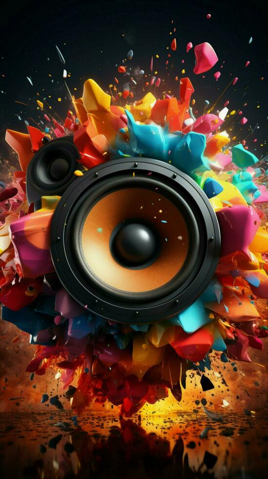 Sound notes surround a lively, colorful music speaker, creating a vibrant composition. Vertical Mobile Wallpaper AI Generated photo