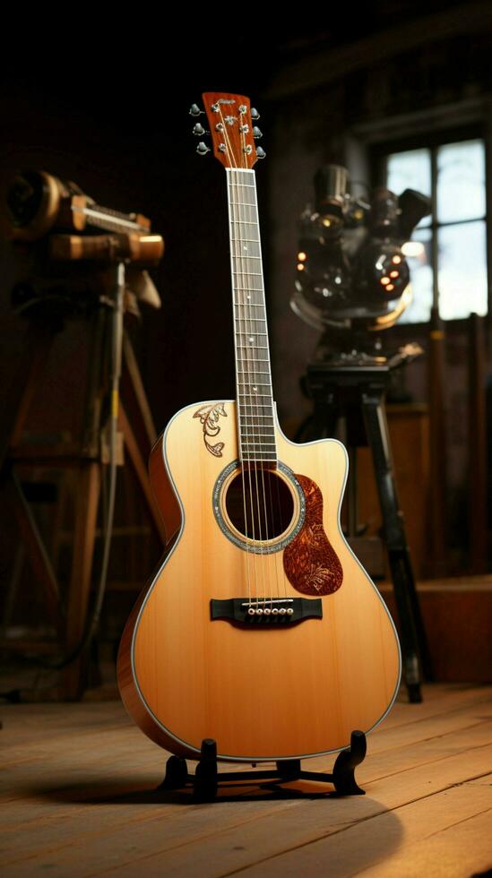 Studio serenity An acoustic guitar rests, ready to capture musical magic. Vertical Mobile Wallpaper AI Generated photo