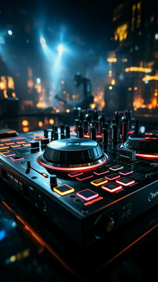 The DJ mixer table stands as the luminous heart of the nightclub. Vertical Mobile Wallpaper AI Generated photo