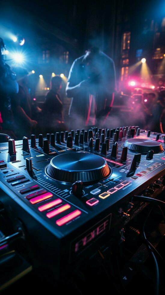 The DJ mixer table stands as the luminous heart of the nightclub. Vertical Mobile Wallpaper AI Generated photo