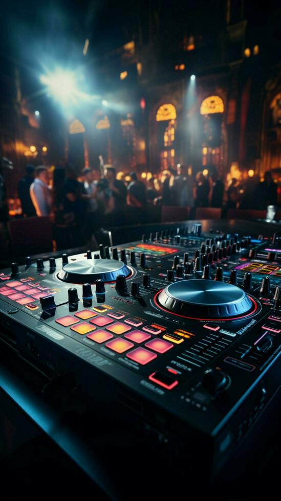 The DJ mixer table stands as the luminous heart of the nightclub. Vertical Mobile Wallpaper AI Generated photo