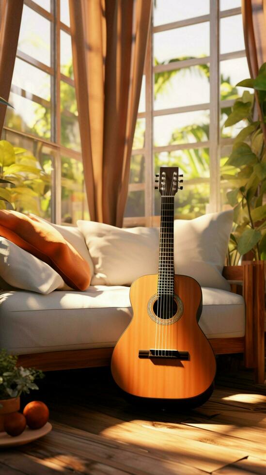el vivo habitaciones contemporáneo comodidad mejorado por el presencia de un guitarra. vertical móvil fondo de pantalla ai generado foto