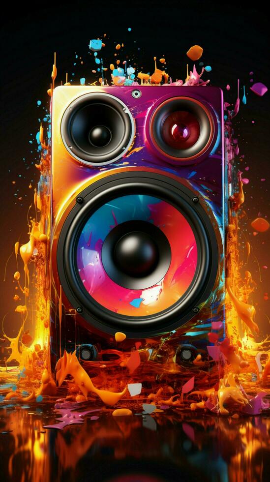 The music speaker comes alive with a burst of color and sound. Vertical Mobile Wallpaper AI Generated photo