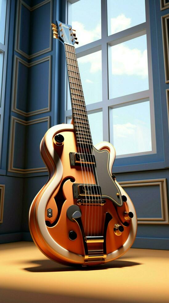 A 3D rendered digital drawing fuses guitar, interior, and geometric architecture elements. Vertical Mobile Wallpaper AI Generated photo