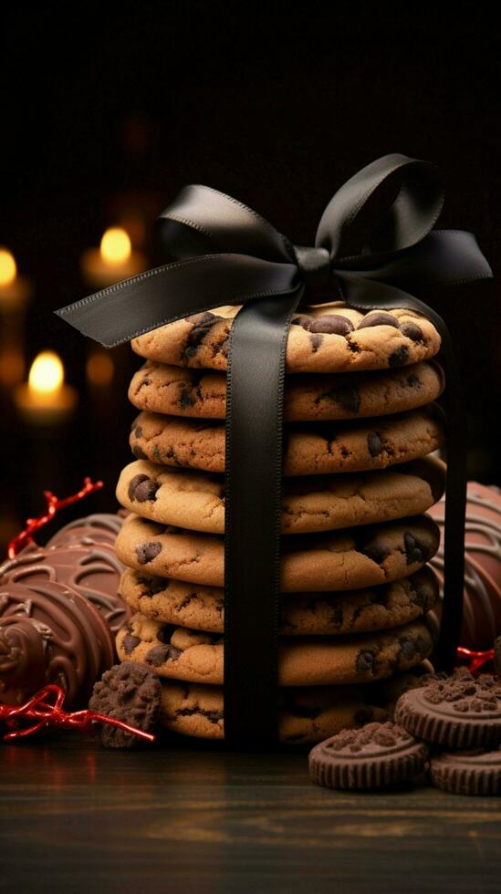 A front view of delectable cookies, artfully wrapped with a chic dark bow Vertical Mobile Wallpaper AI Generated photo