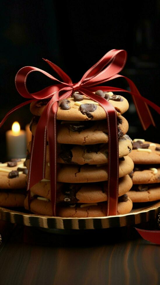 A front view of delectable cookies, artfully wrapped with a chic dark bow Vertical Mobile Wallpaper AI Generated photo