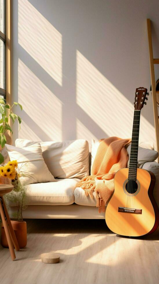 A guitar adorns the modern, inviting interior of the cozy living room. Vertical Mobile Wallpaper AI Generated photo