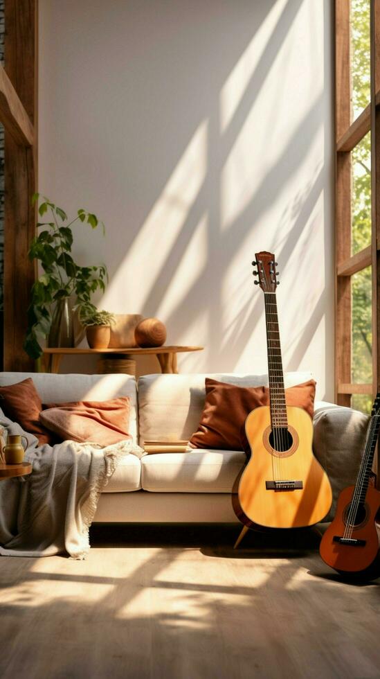 A guitar adorns the modern, inviting interior of the cozy living room. Vertical Mobile Wallpaper AI Generated photo