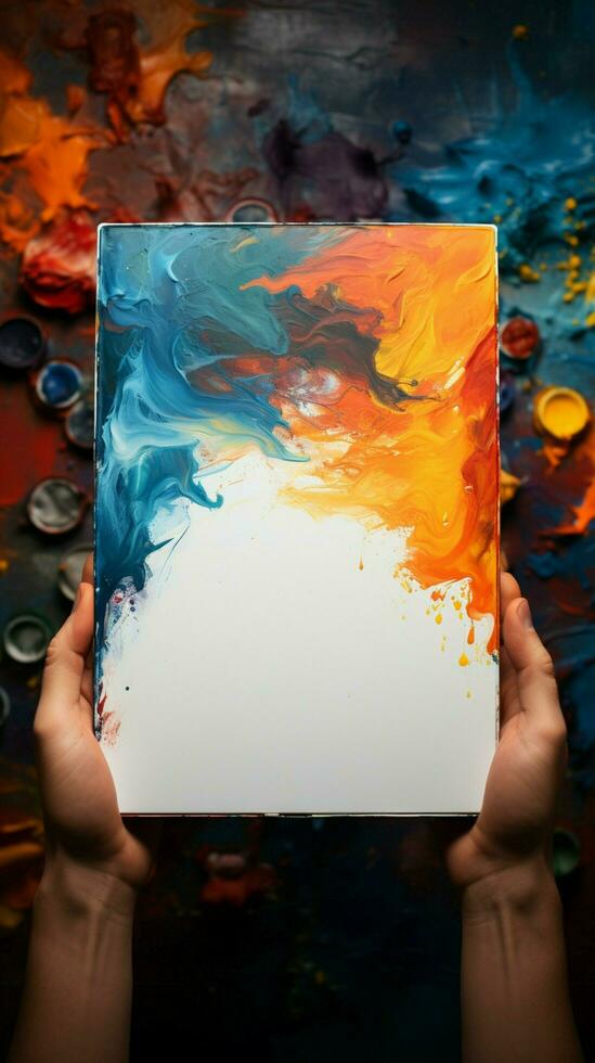 Aerial view of hands holding a notebook amid an artistic, colorful backdrop Vertical Mobile Wallpaper AI Generated photo