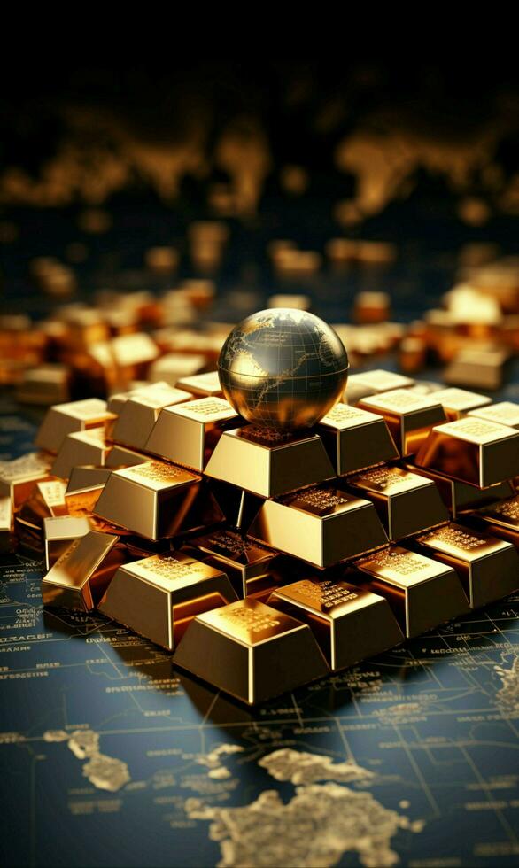 3D global investment concept gold bars, world finance, and international wealth Vertical Mobile Wallpaper AI Generated photo