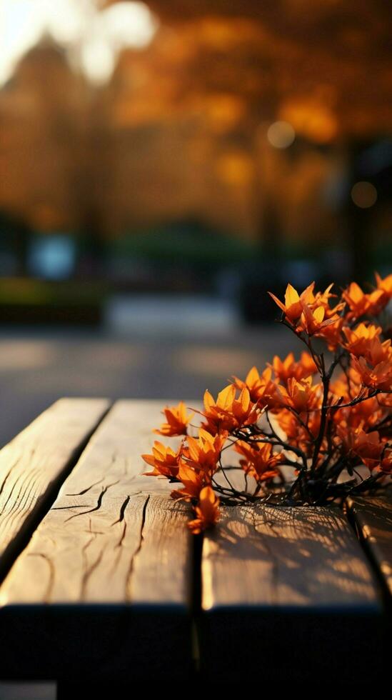 An empty wooden table set amidst vibrant autumn maple tree bokeh Vertical Mobile Wallpaper AI Generated photo