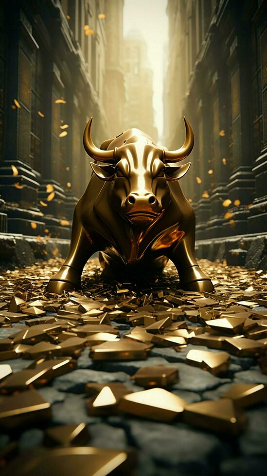 A stone road featuring a bull statue surrounded by scattered coins Vertical Mobile Wallpaper AI Generated photo