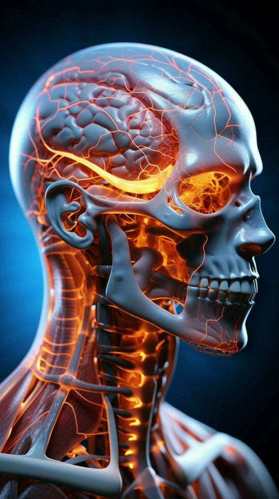 Anatomical figure with 3D rendered brain highlighted for medical visualization Vertical Mobile Wallpaper AI Generated photo