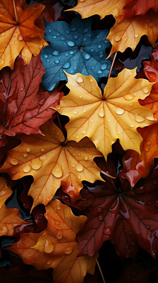 A symphony of falling maple leaves creates a vivid, seasonal background Vertical Mobile Wallpaper AI Generated photo