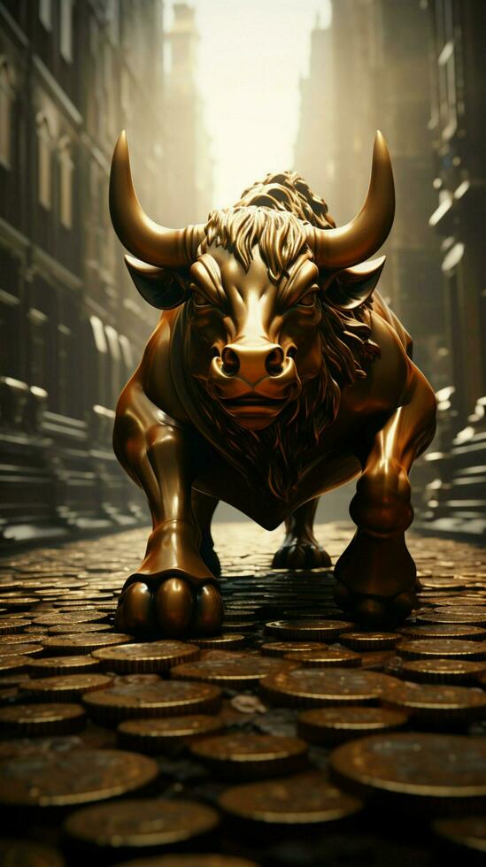 A stone road featuring a bull statue surrounded by scattered coins Vertical Mobile Wallpaper AI Generated photo