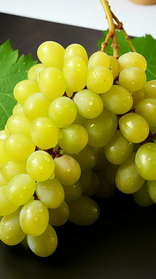 An abundance of Shine Muscat grapes, both whole and sliced, on a white surface Vertical Mobile Wallpaper AI Generated photo