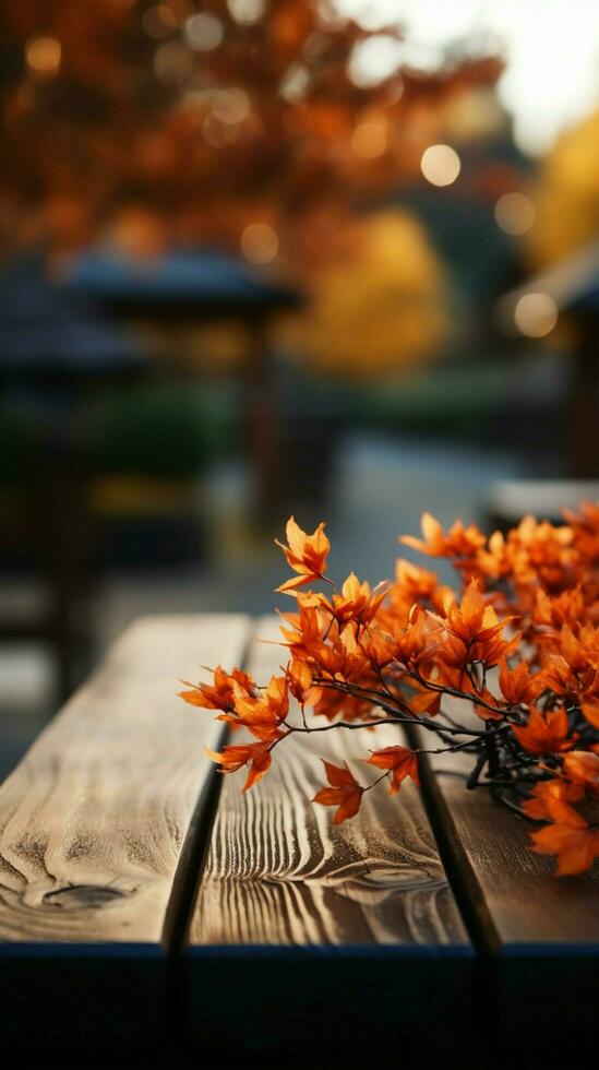 An empty wooden table set amidst vibrant autumn maple tree bokeh Vertical Mobile Wallpaper AI Generated photo