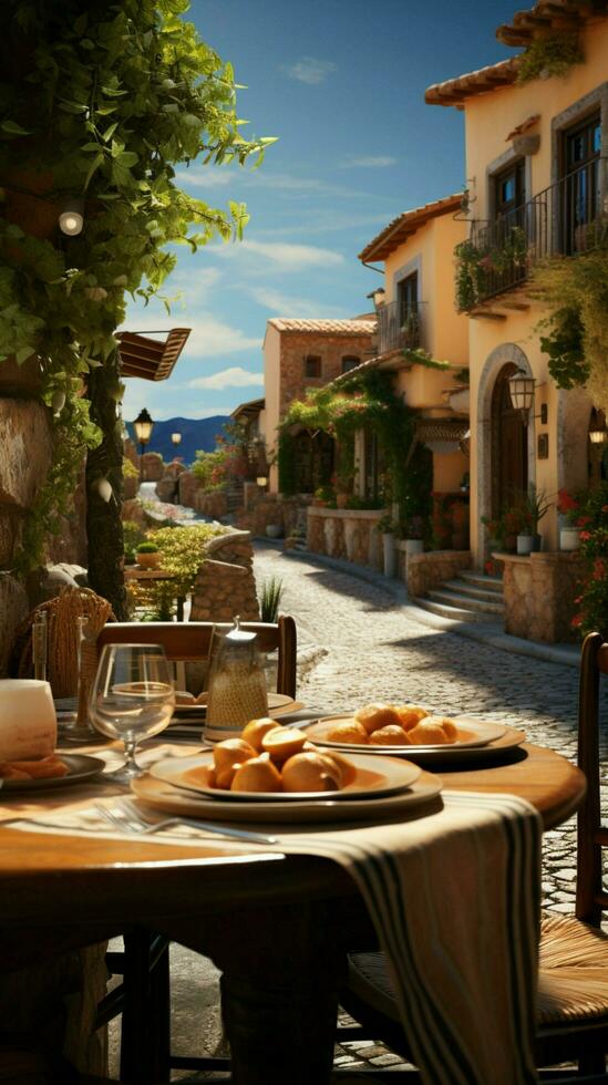 Al fresco dining at a Mediterranean restaurant, an inviting outdoor dinner setting Vertical Mobile Wallpaper AI Generated photo