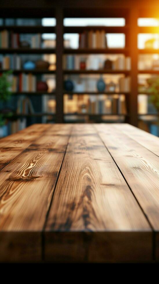 Blurred background complements a wooden table in a serene, minimalist setting Vertical Mobile Wallpaper AI Generated photo