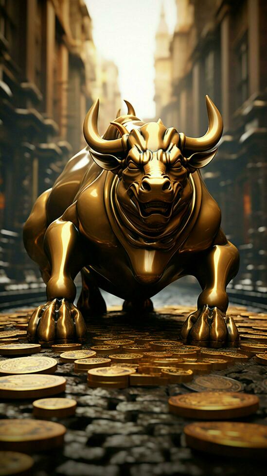 Bull statue stands proudly on a stone road adorned with scattered coins Vertical Mobile Wallpaper AI Generated photo