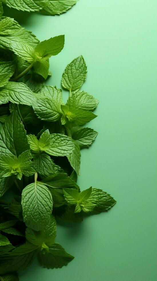 Copy space on a pale green backdrop, adorned with foreground mint leaves Vertical Mobile Wallpaper AI Generated photo