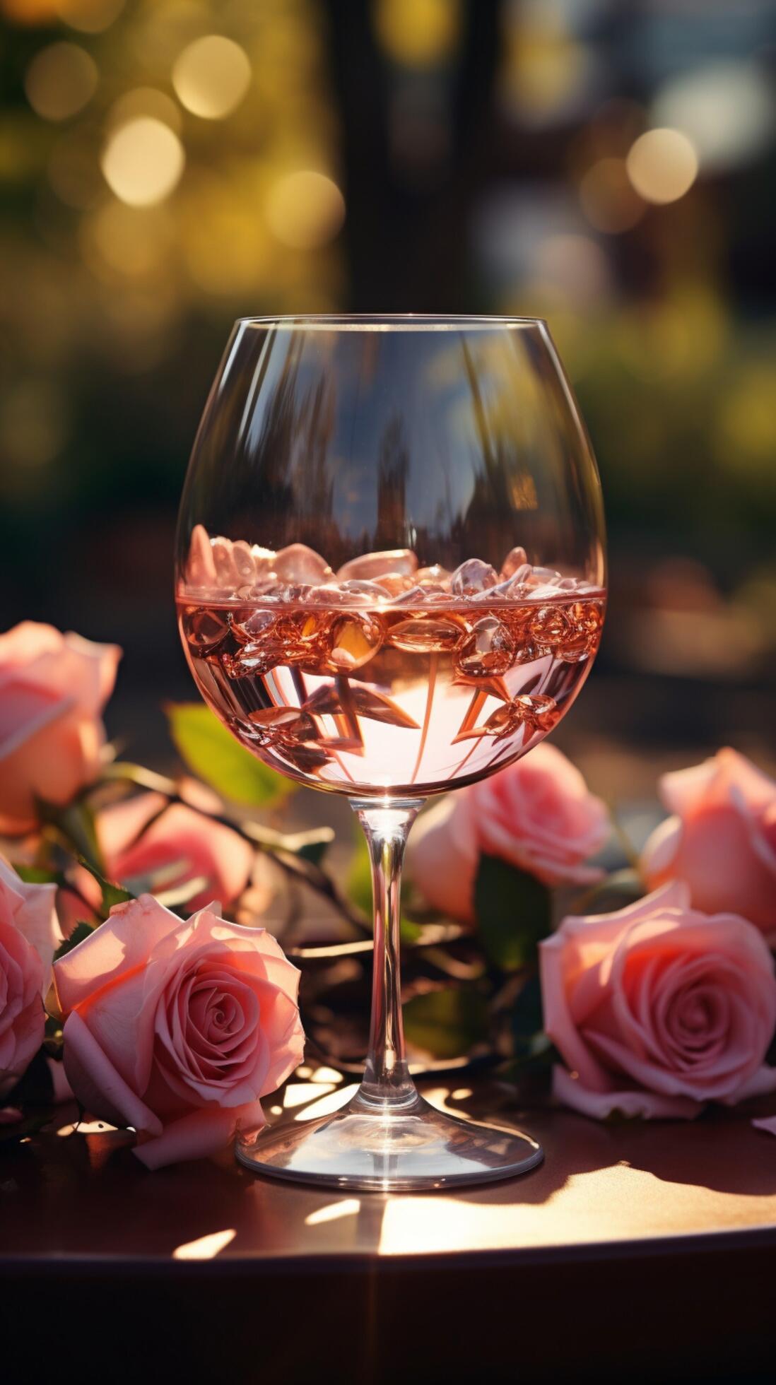 Closeup of rose wine elegantly pouring into a glass amidst a garden