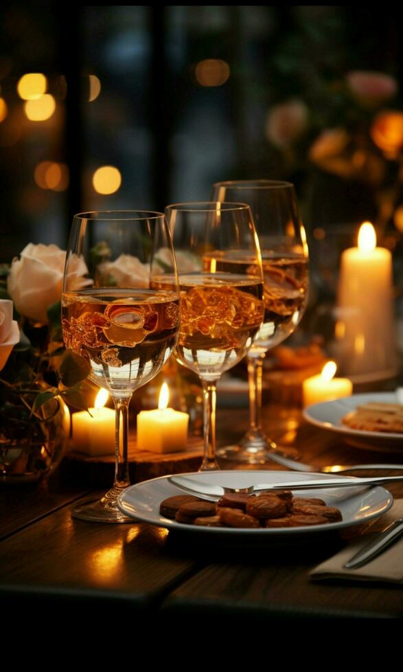 Exquisite table setup Wine glasses candles Vertical Mobile Wallpaper AI Generated photo