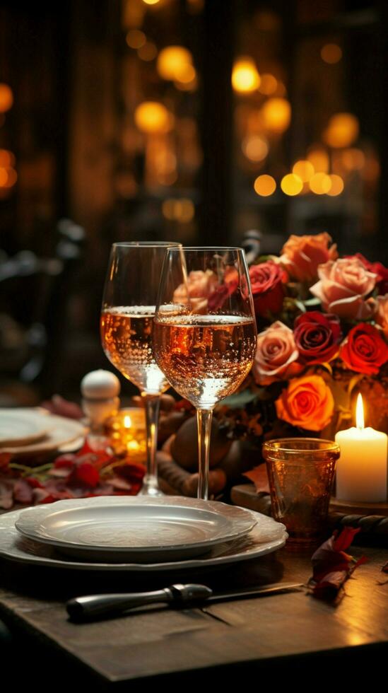 Exquisite table setup Wine glasses candles Vertical Mobile Wallpaper AI Generated photo